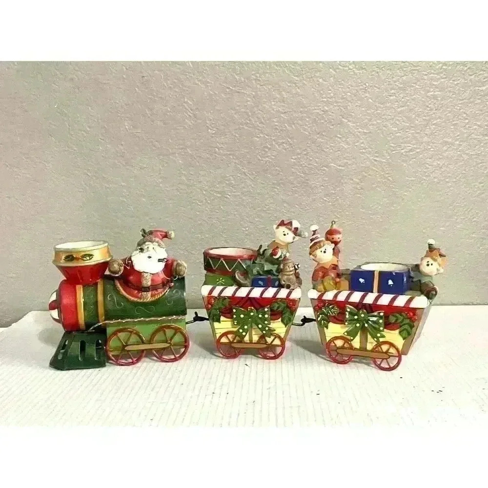 Home Interiors & Gifts Christmas Train Candle Holder Santa Elves 3 Piece VINTAGE